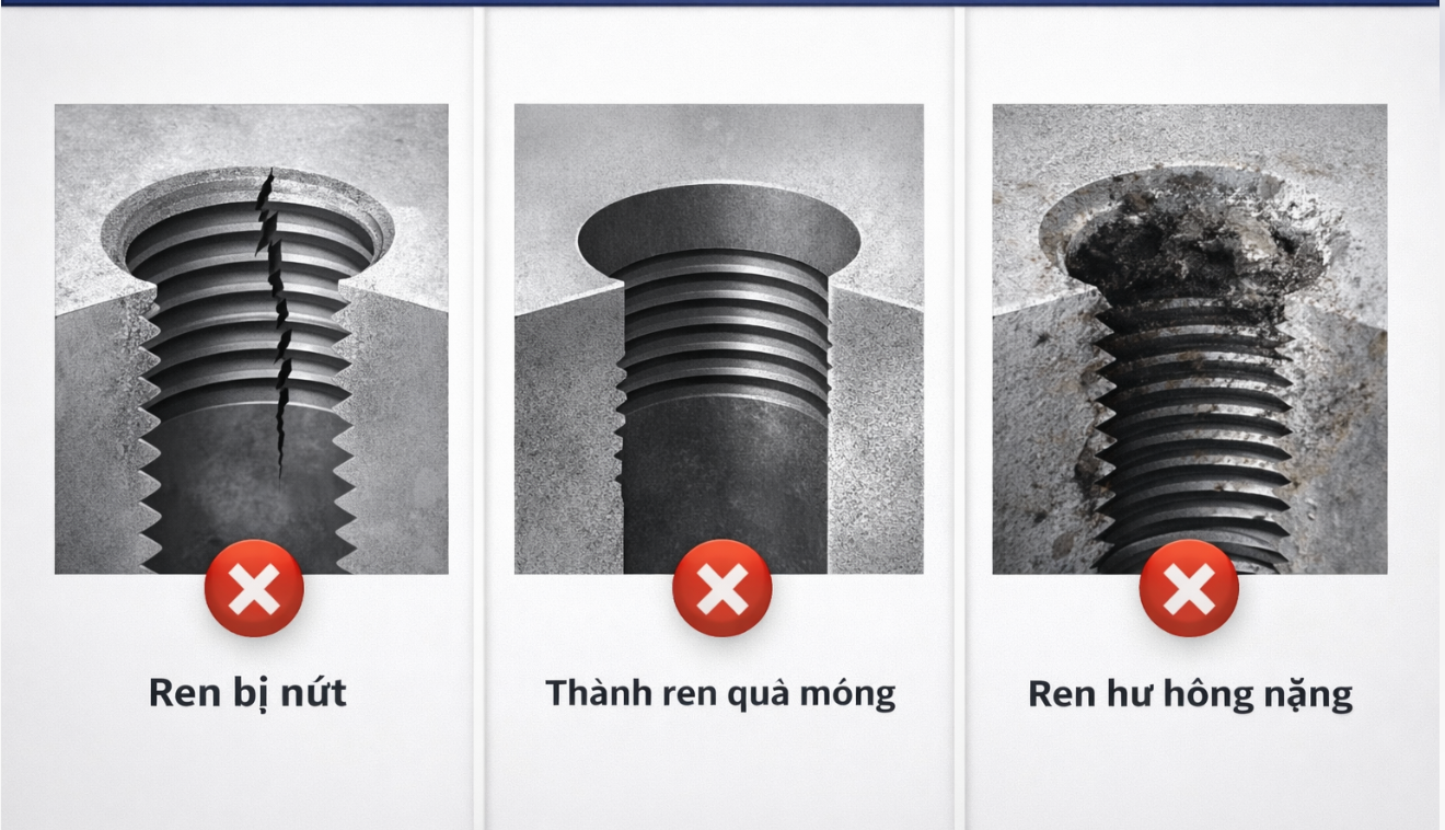 trường hợp không nên sửa ren bằng helicoil